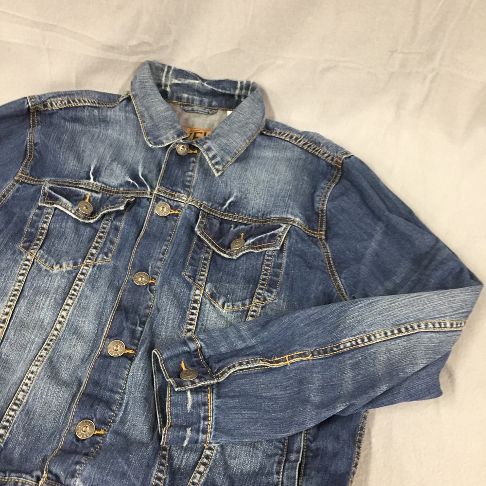 TK Axel Mens Denim Trucker Jacket Medium‎ Wash Distressed Blue Cotton XL